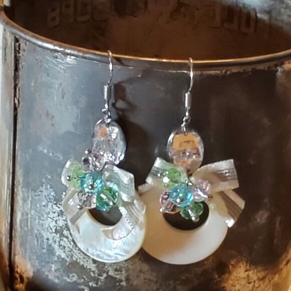 Retro Pearl Shell Czech Crystal White Satin Bows Dangle Earrings - Picture 3 of 9